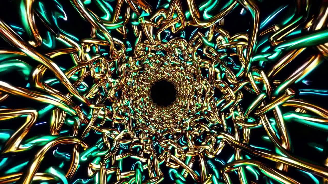 Abstract swirling tunnel of intertwined metallic strands, showcasing vibrant colors and dynamic movement, creating a mesmerizing visual experience of depth and flow