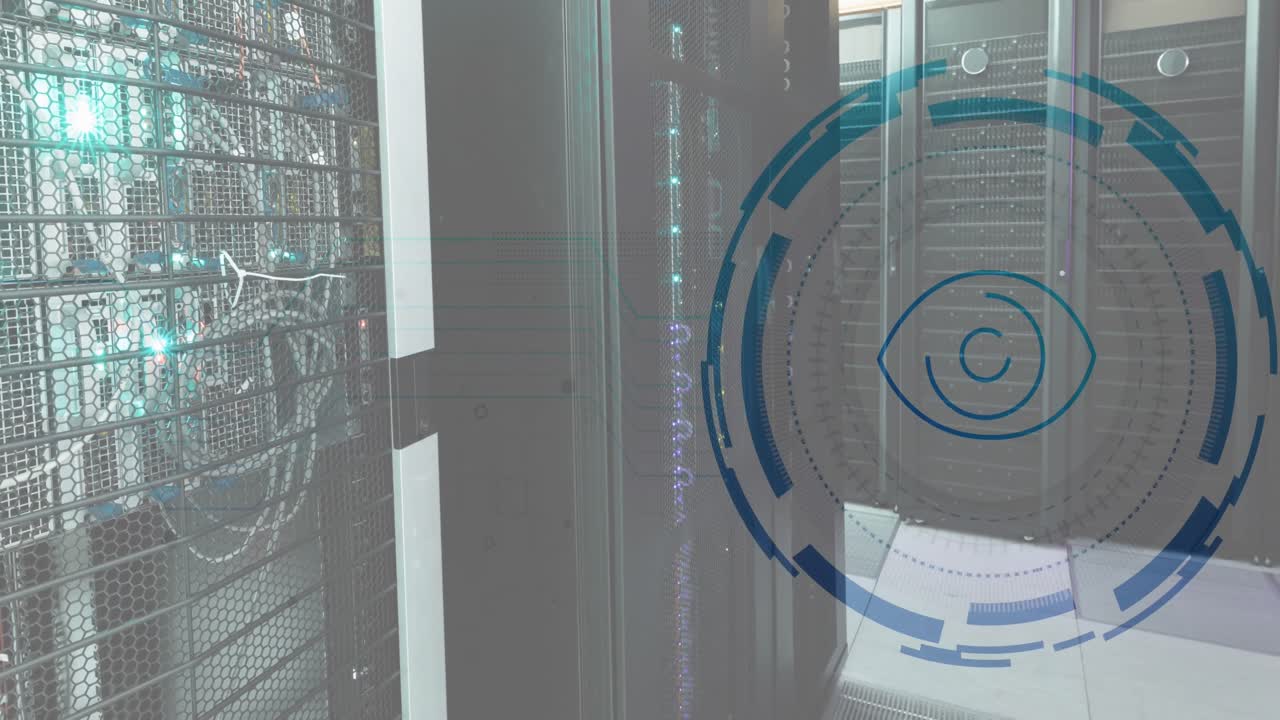 Animation of eye retina round scanner against computer server room