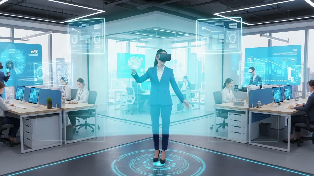 A Business Professional Engaged in Virtual Reality Technology within a Modern Office Environment, Showcasing Innovative Interaction and Data Visualization