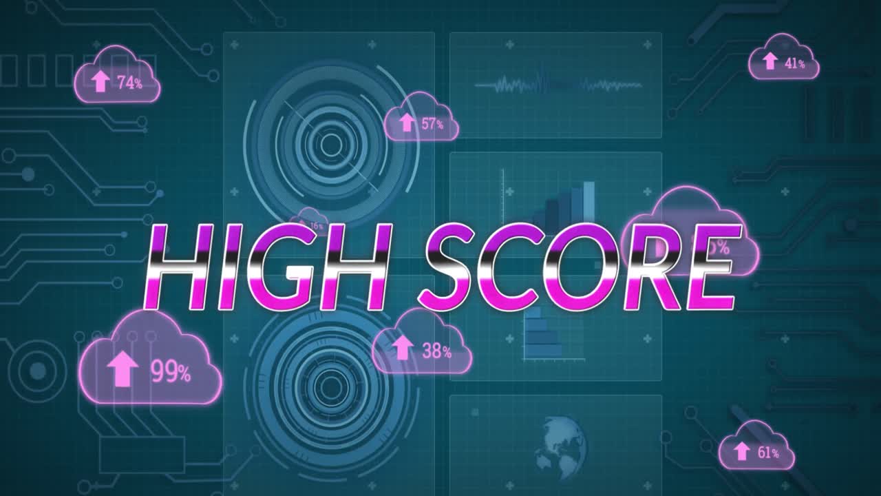 Animation of high score text and data processing on blue background