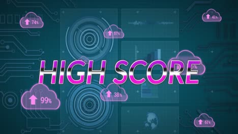 Animation-of-high-score-text-and-data-processing-on-blue-background