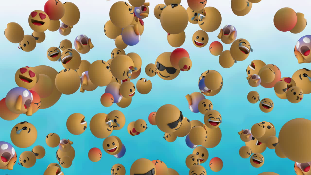 animación de varios emojis que caen sobre un fondo azul