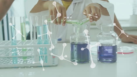 animation of nucleotides over caucasian girl pouring chemical from test tube to laboratory flask