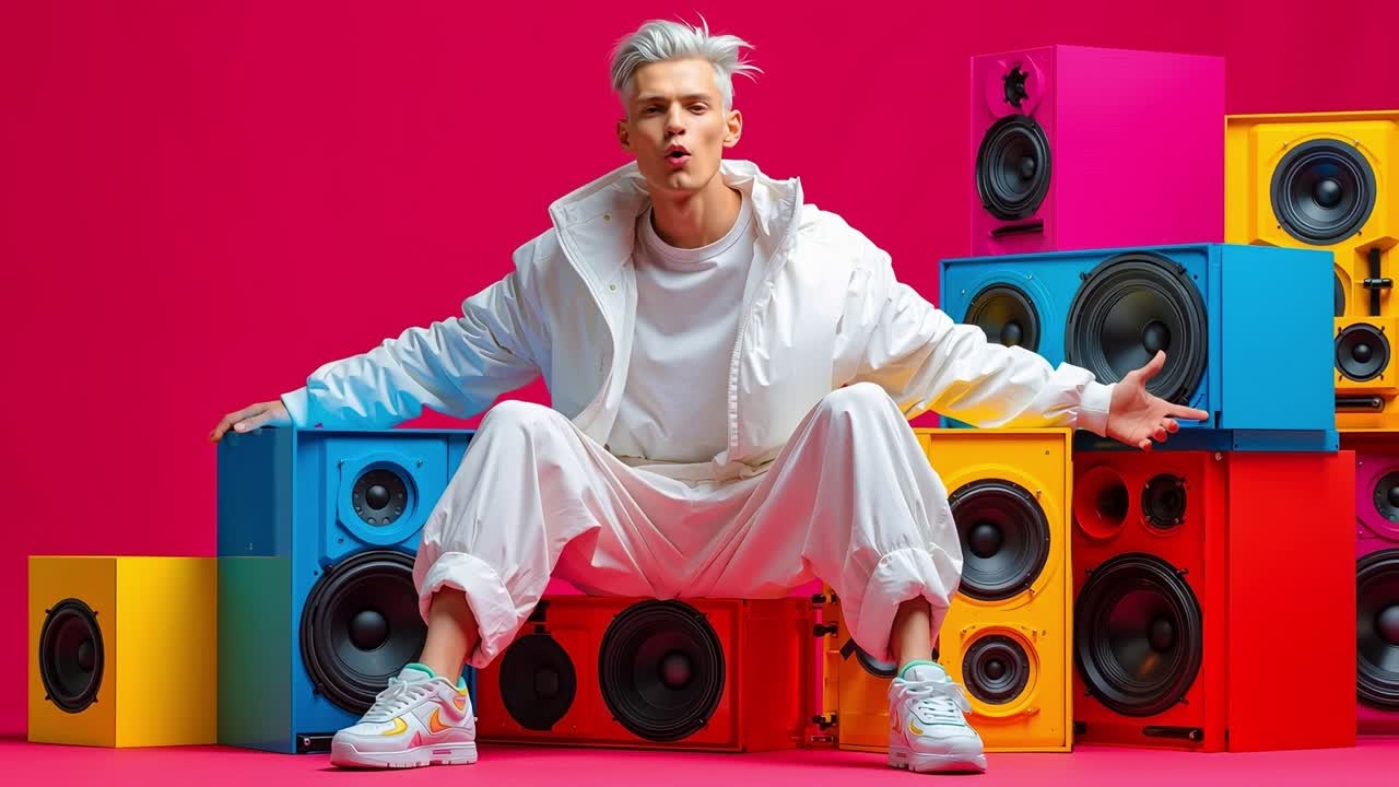 A man sitting on top of a pile of colorful speakers