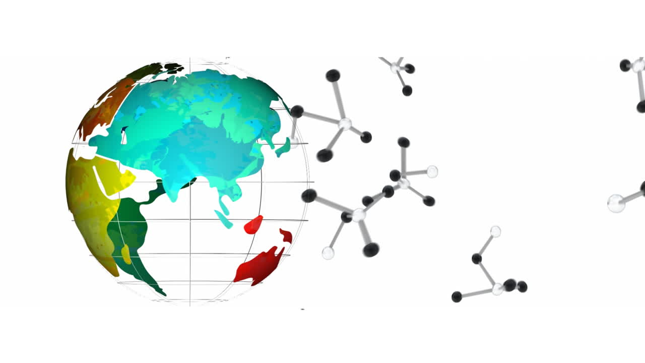 Animazione di strutture chimiche e globo su sfondo bianco