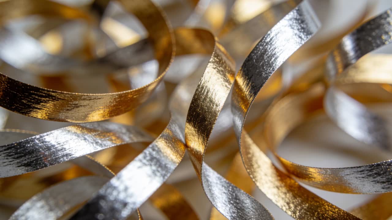 Nastri oro e argento che si muovono con messa a fuoco variabile, creando bagliori speculari in un'inquadratura macro, per il design.