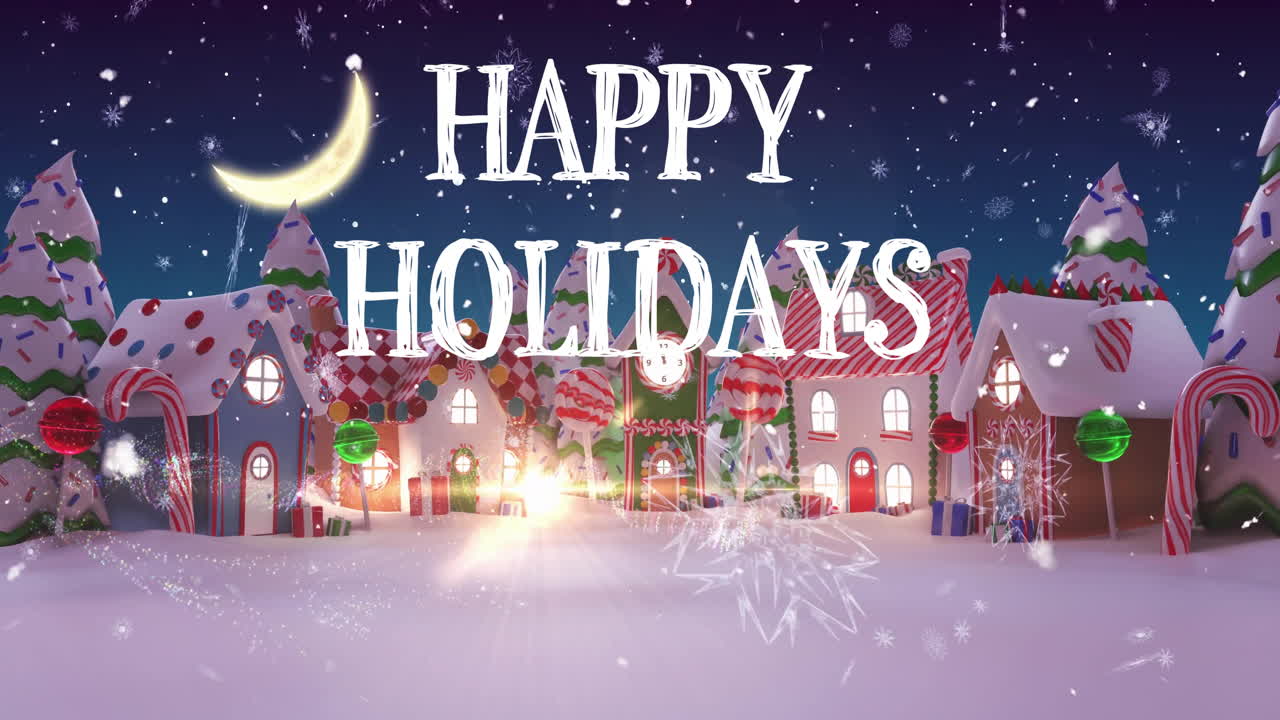 Happy Holidays text animation over snowy winter village with crescent moon