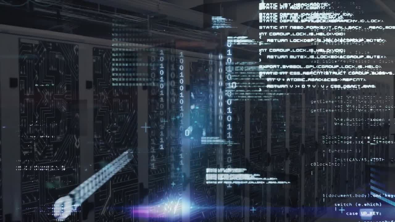 Animation of binary codes, computer language, circuit board pattern on server racks in server room