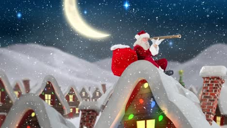 Santa-clause-on-a-roof-of-a-decorated-house-in-winter-scenery-combined-with-falling-snow