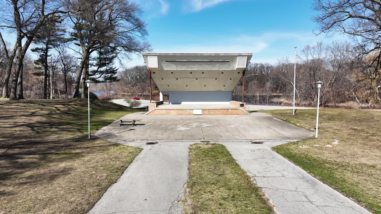 An interesting outside stage for community use from a centered far view