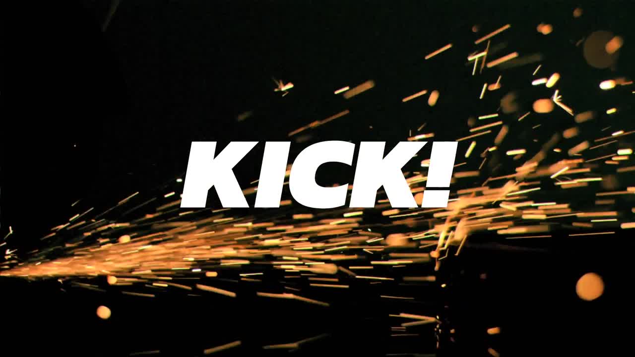Animation of kick text over fireworks on black background