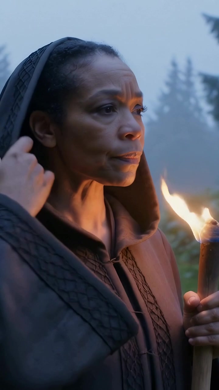 Vertical video: Black woman spotting offscreen point holding torch pulling cloak in clearing