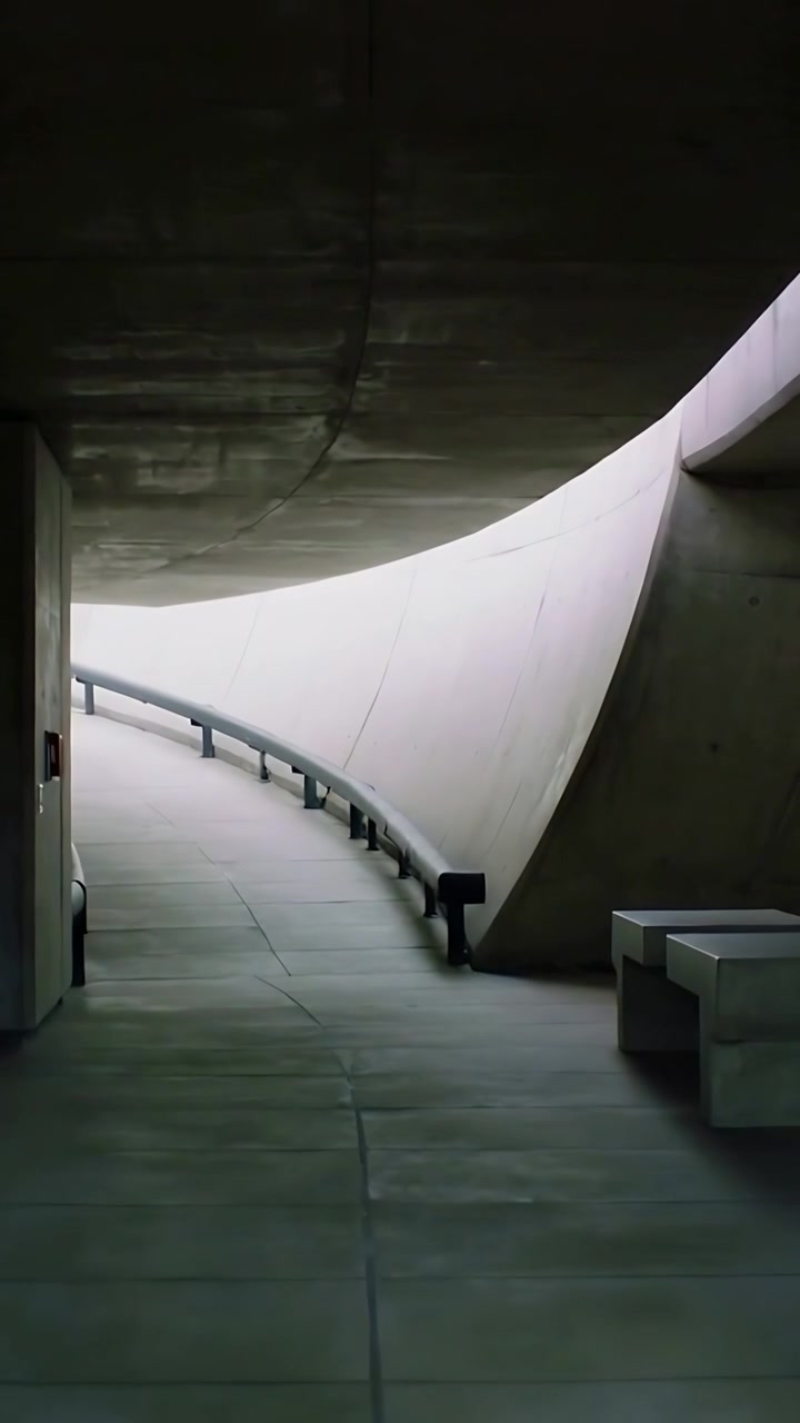 Vertical video: Camera moving closer wooden frame receding curved ramp showing fog, sparks and rail