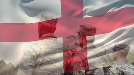 Animation-Der-Flagge-Englands-über-Verschiedenen-Salutierenden-Männlichen-Soldaten