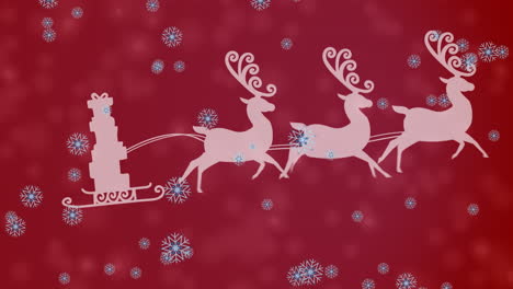 animation of santa claus in sleigh with reindeer moving over falling snow