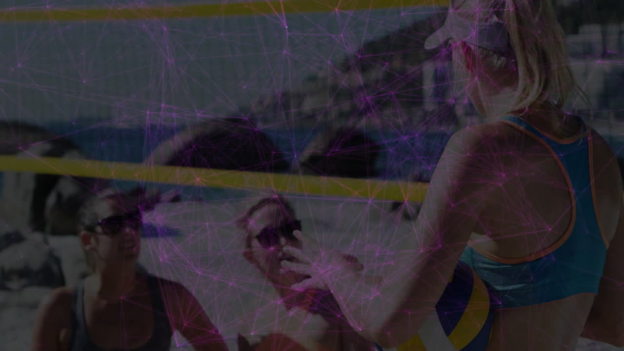 Playing beach volleyball, women with digital animation overlay on sandy court