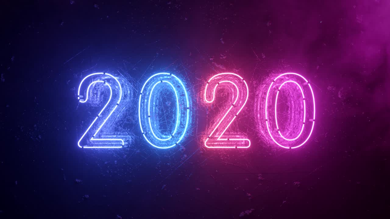 2020 neon sign background new year concept. Happy New Year. Metal background, Modern ultraviolet blue purple neon light. Flicker light