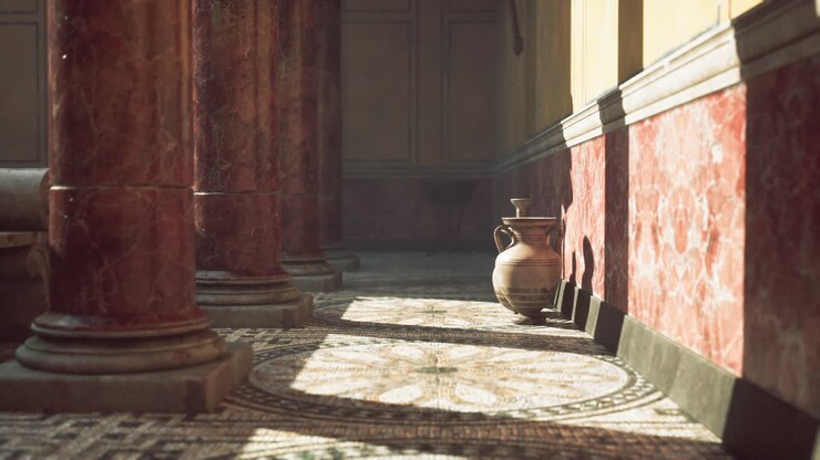 Interno romano antico con colonne di marmo e piastrelle decorative alla luce del sole.