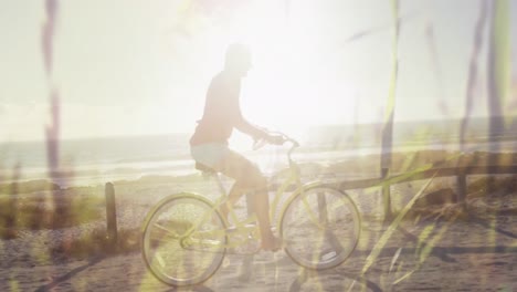 animation of grass over caucasian woman on bike on beach