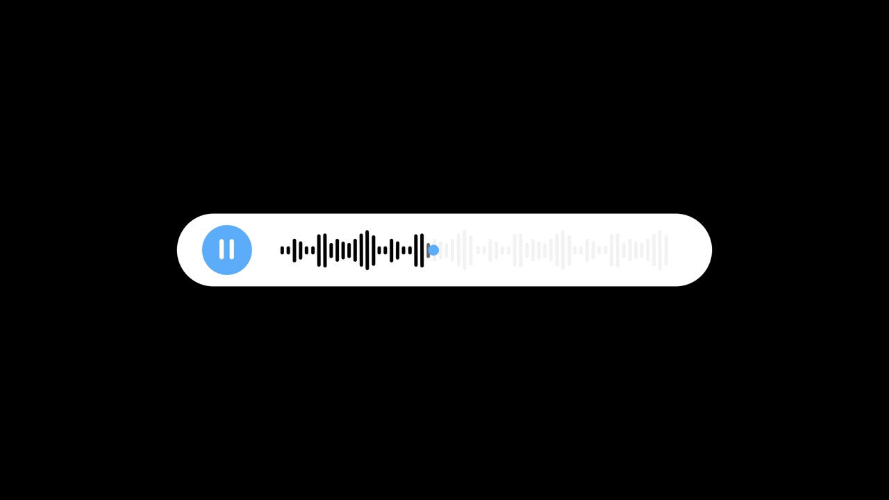 Lettore audio minimale con sfondo a forma d'onda, barra di controllo, pulsante pausa blu e spazio nero pulito per la musica.