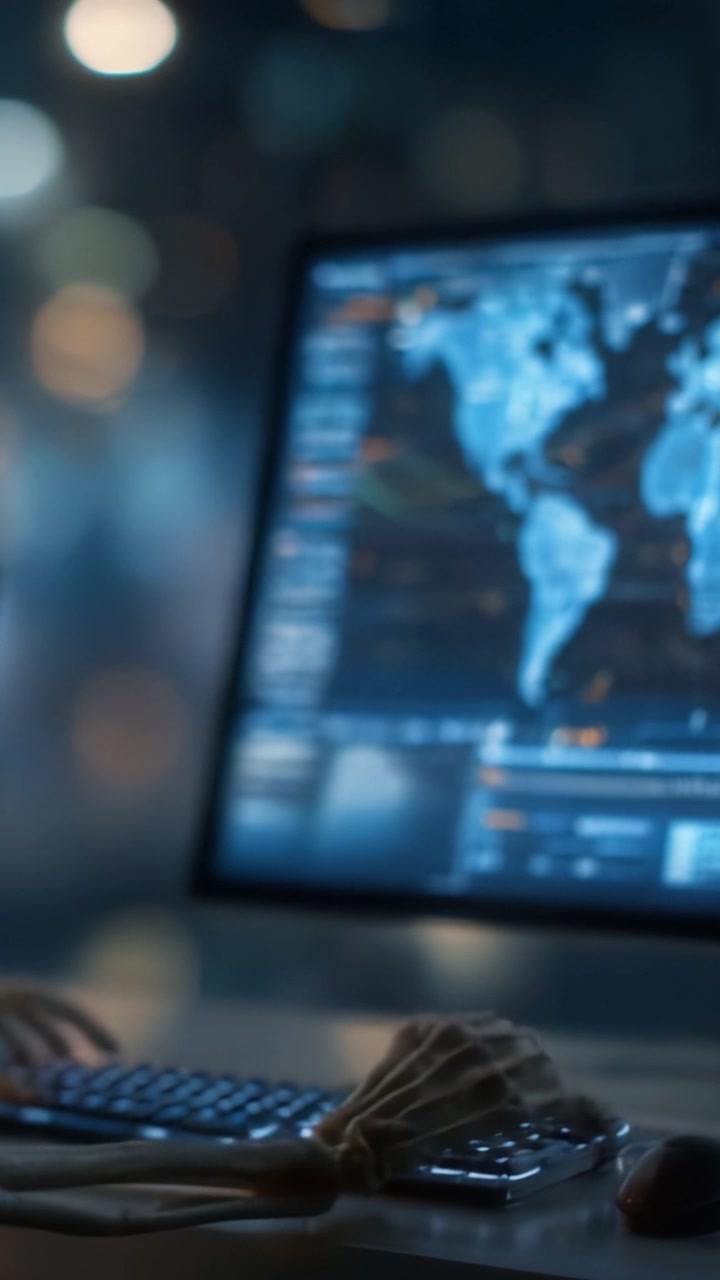 A Close-Up View of a Computer Screen Displaying Global Data Analytics with a Skeleton's Hand on the Keyboard, Symbolizing the Intersection of Technology and Mortality