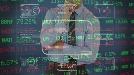 animation of businessman using touchscreen interface and financial data processing