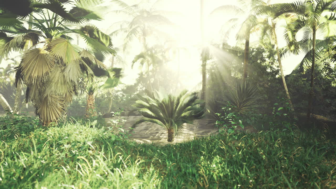 Lush tropical forest with sunlight filtering through dense foliage