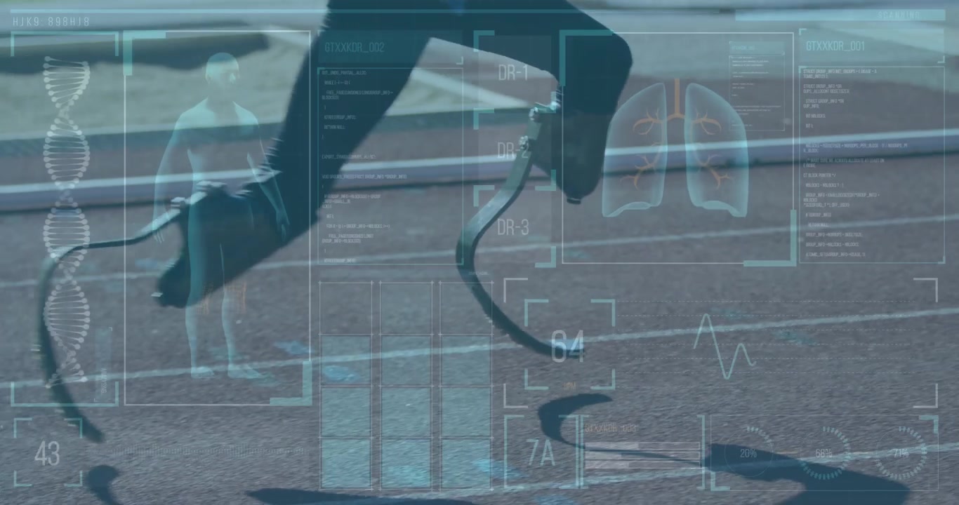 Animation of data on digital screen over african american man with running blade training