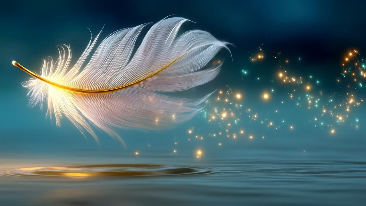 Floating feather with magical sparkles. A delicate feather floats above a calm surface, glowing with soft golden sparkles, creating a serene atmosphere at dusk