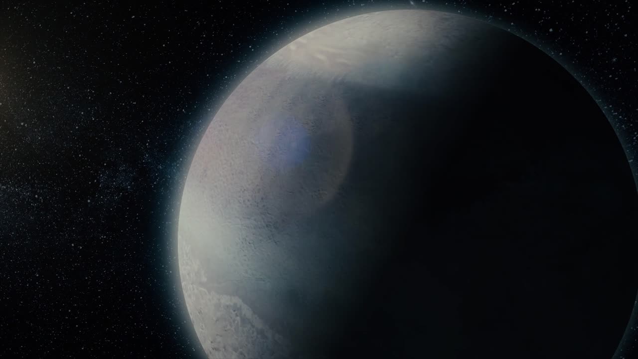 A view of a planet in space with a blue planet in the background