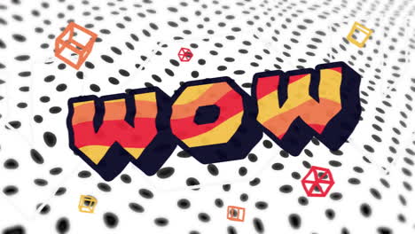 animation of wow text in red and orange letters with shapes and black dots on white background