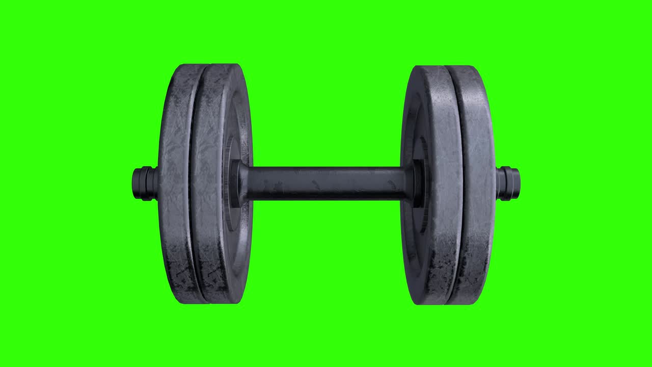 Gym dumbbell spinning on a green screen - chromakey background, loop