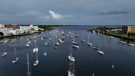 An-aerial-view-of-Sheepshead-Bay,-Brooklyn-in-New-York-on-a-beautiful-day