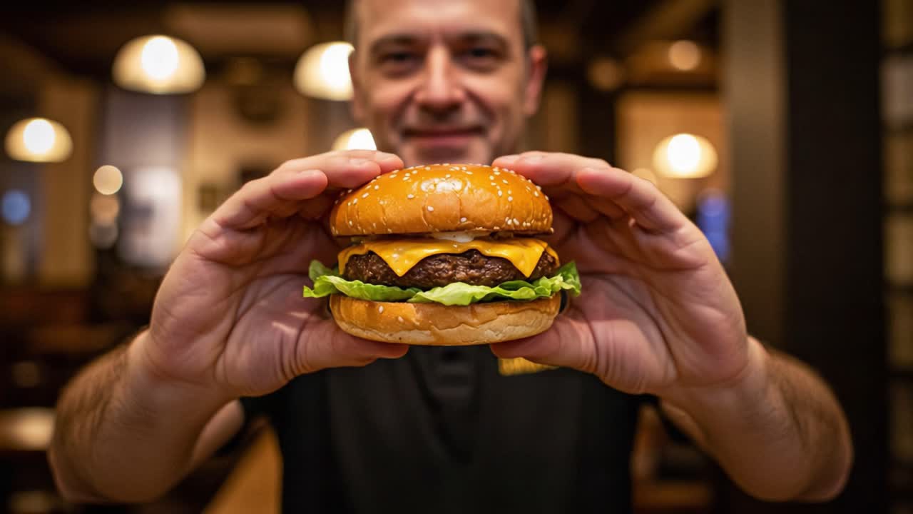A Delicious Cheeseburger Delight: Capturing the Moment of Anticipation as a Food Enthusiast Welcomes a Juicy Hamburger with All the Toppings for the Perfect Bite