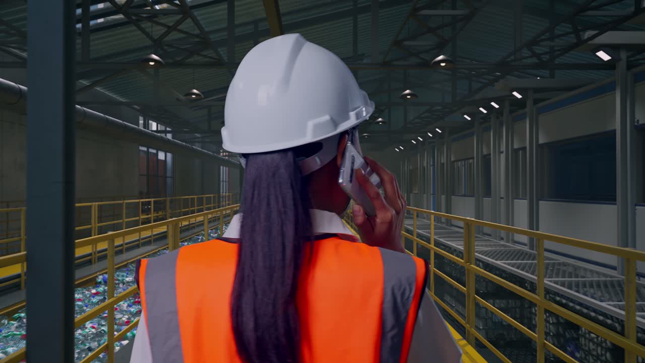 Schiena di ingegnera asiatica che parla al telefono mentre cammina e ispeziona le operazioni di un impianto di riciclaggio della plastica con nastro trasportatore di bottiglie