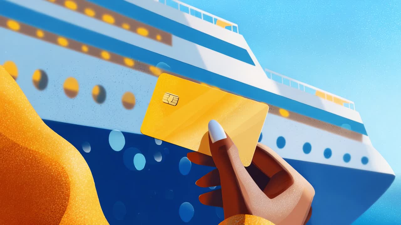 A person holds a golden card near a large cruise ship, symbolizing luxury travel and the convenience of cruise card services for passengers and vacation enthusiasts