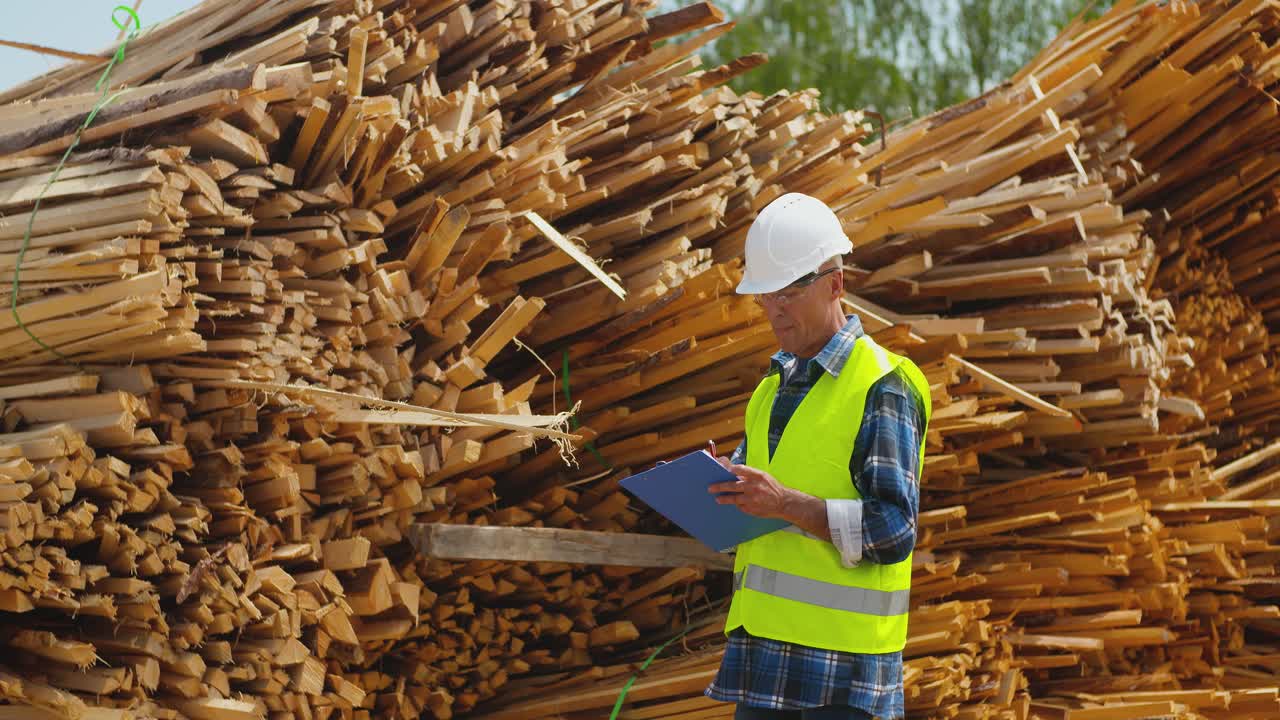 trabajador masculino examinando la pila de tablones 17