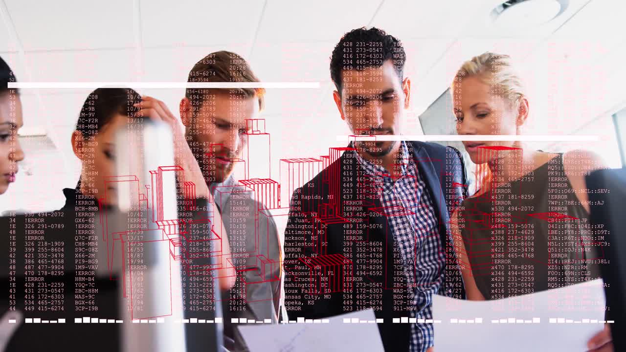 animación de un modelo de ciudad en 3d girando contra diversos empresarios discutiendo juntos en la oficina