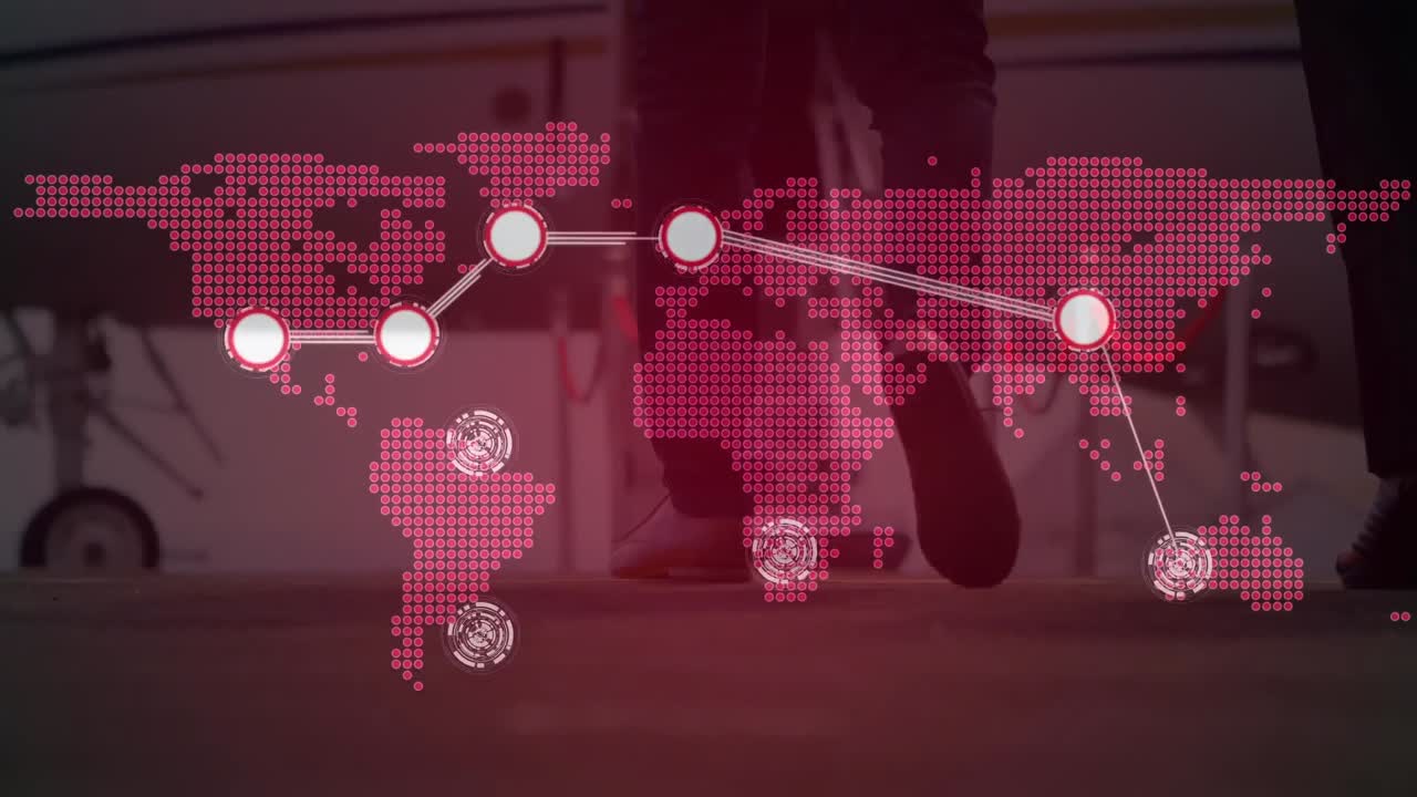 animación de la red de conexiones sobre el mapa del mundo, avión y hombres de negocios