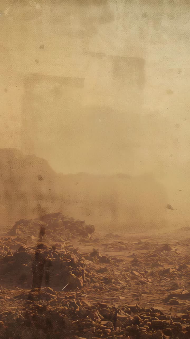 Vertical video: Swaying dark silhouette reacting to wind gusts in rocky dusty desert, ruins fading