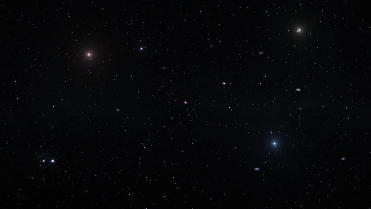 voando lentamente através de um campo estelar realista contendo estrelas e galáxias