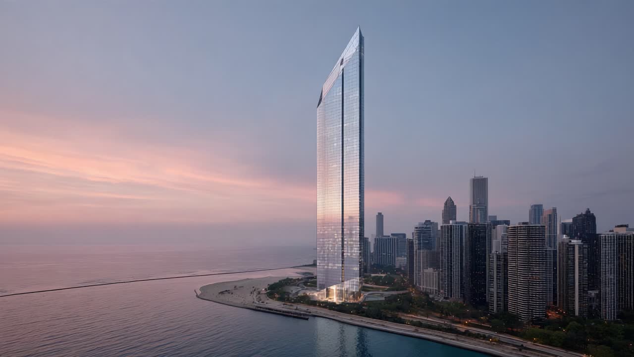 Una trasformazione mozzafiato di un grattacielo: dal crepuscolo alla notte in una città costiera, che mette in mostra l'architettura moderna e la bellezza urbana sullo sfondo di un sereno paesaggio marino