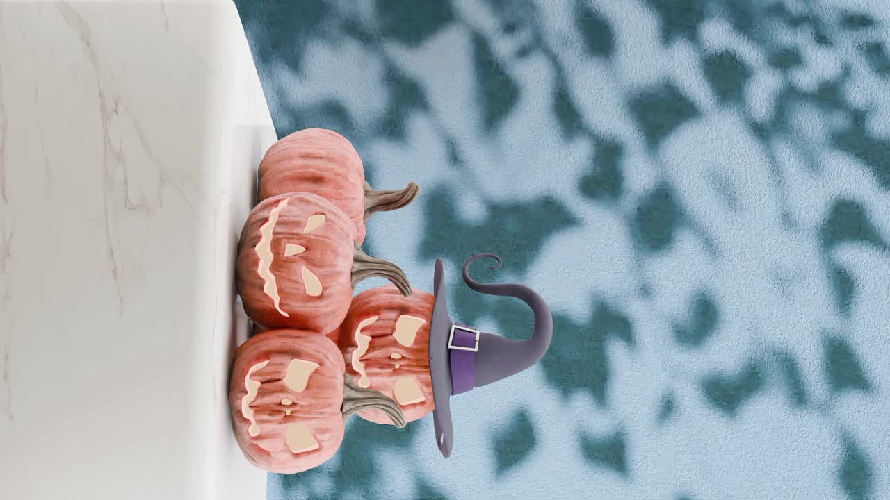 calabazas de halloween con sombrero de bruja proyectando sombras en el fondo azul vertical