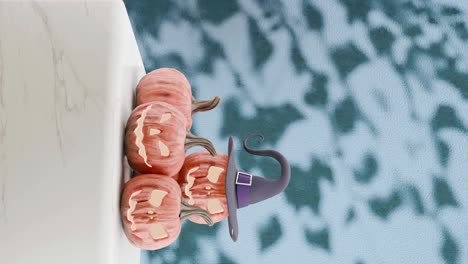 halloween pumpkins with witch hat casting shadows on blue background vertical