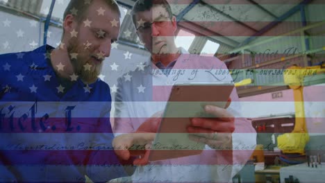 animation of american flag waving over man in the background