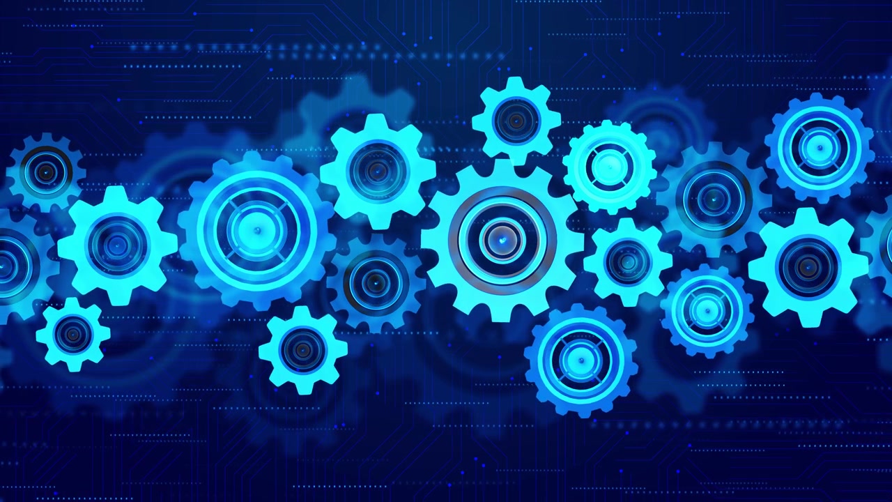 Mechanical gear system tech visual with bright blue cog wheels circular elements and digital circuit