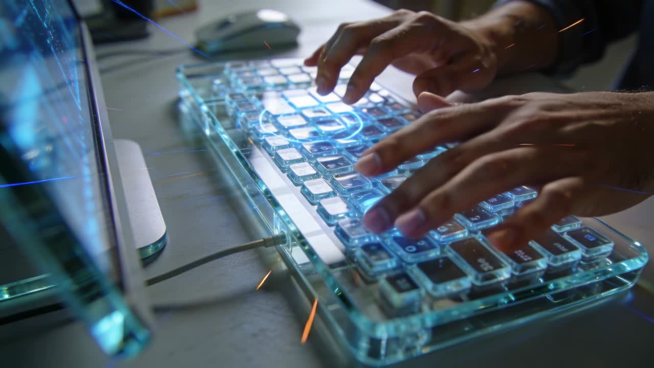 Fingers starting typing in dark sleeves pressing clear keys at desk for input lighting holo rings
