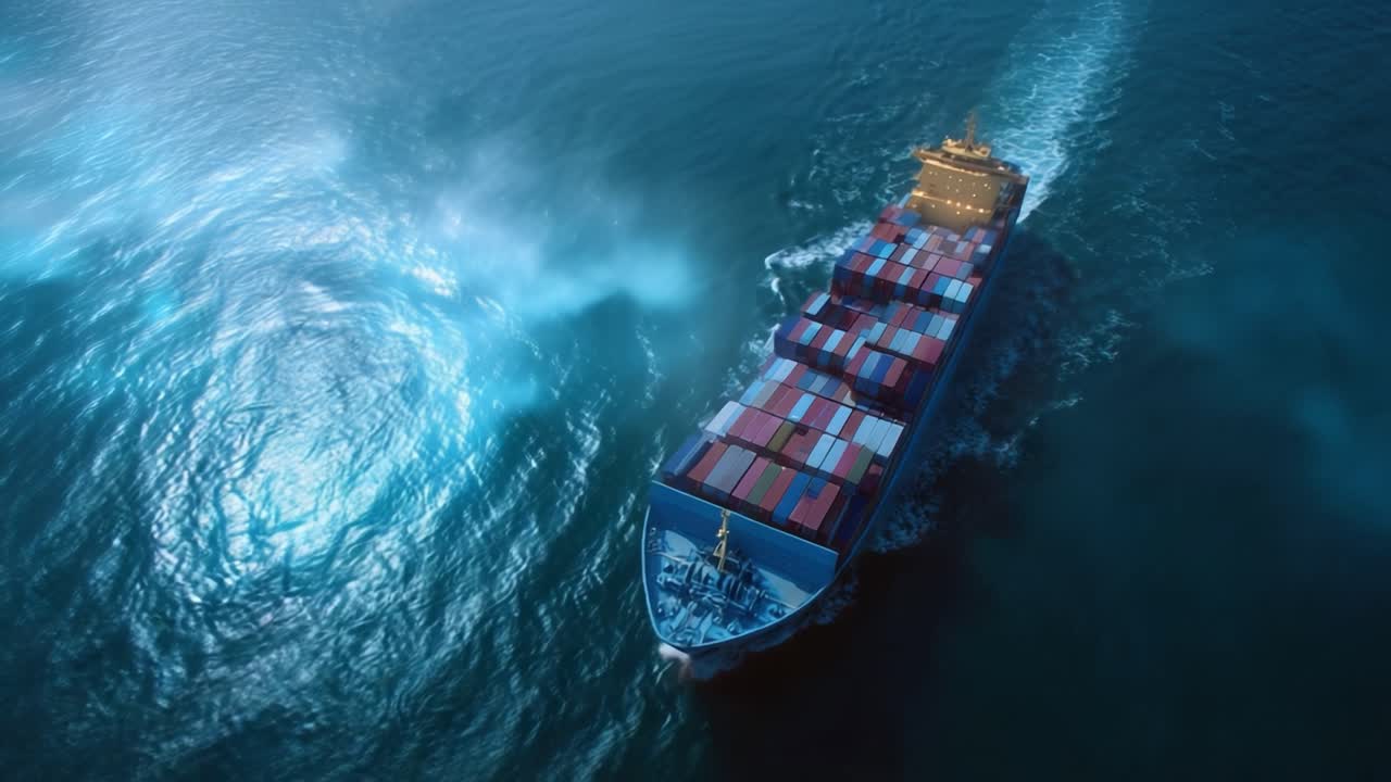 Large container ship sails through deep blue ocean waves. Ship cuts through water, creating white foam trails behind. Containers stacked high show vibrant red and blue colors