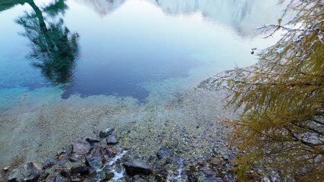 crystal clear alpine lake with rocks and trees