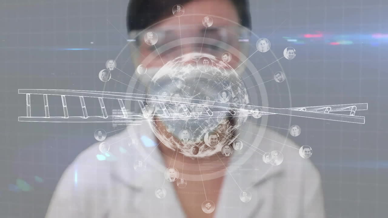Blurred professional standing behind holographic interface, showcasing wireframe globe connections